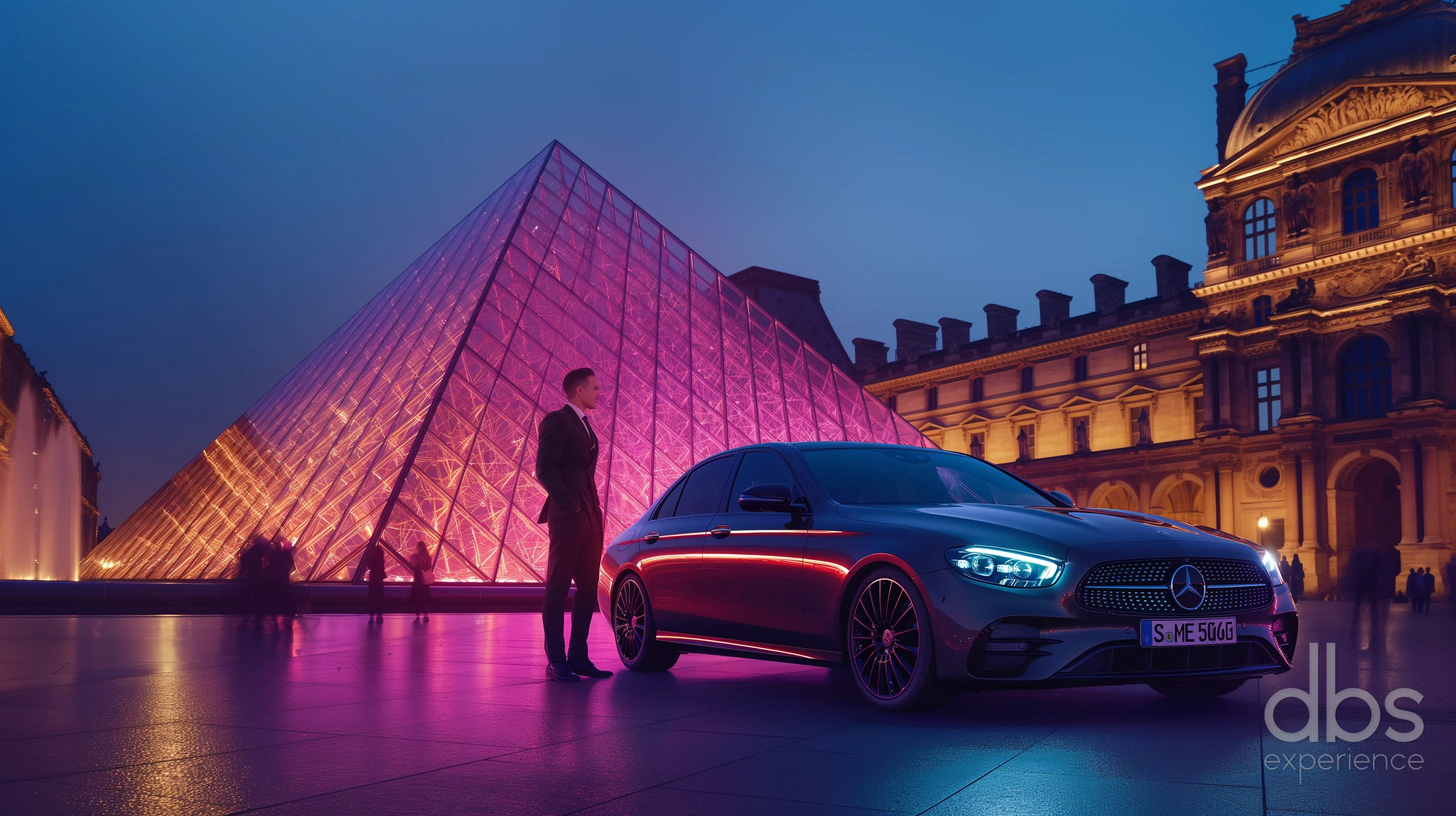Chauffeur-driven Mercedes E-Class at the Louvre by night, Paris