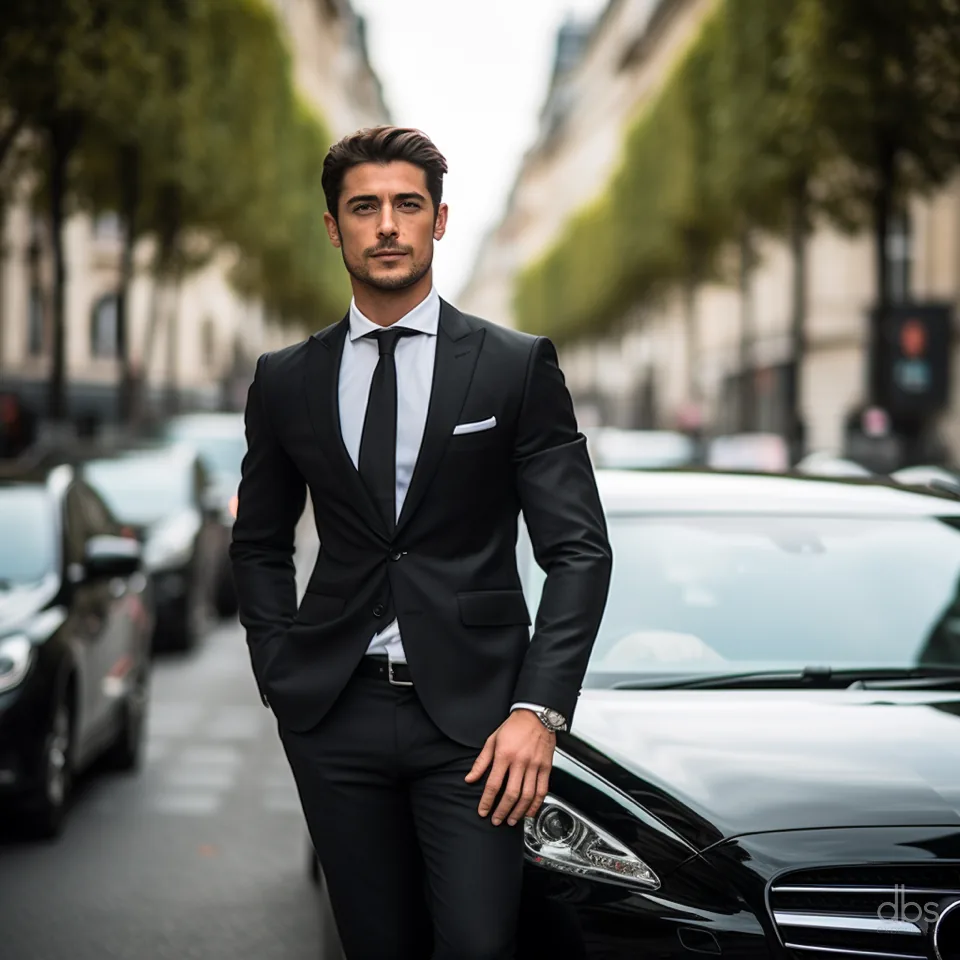 DBS EXPERIENCE chauffeur beside the car in Paris, cinematic full-height composition
