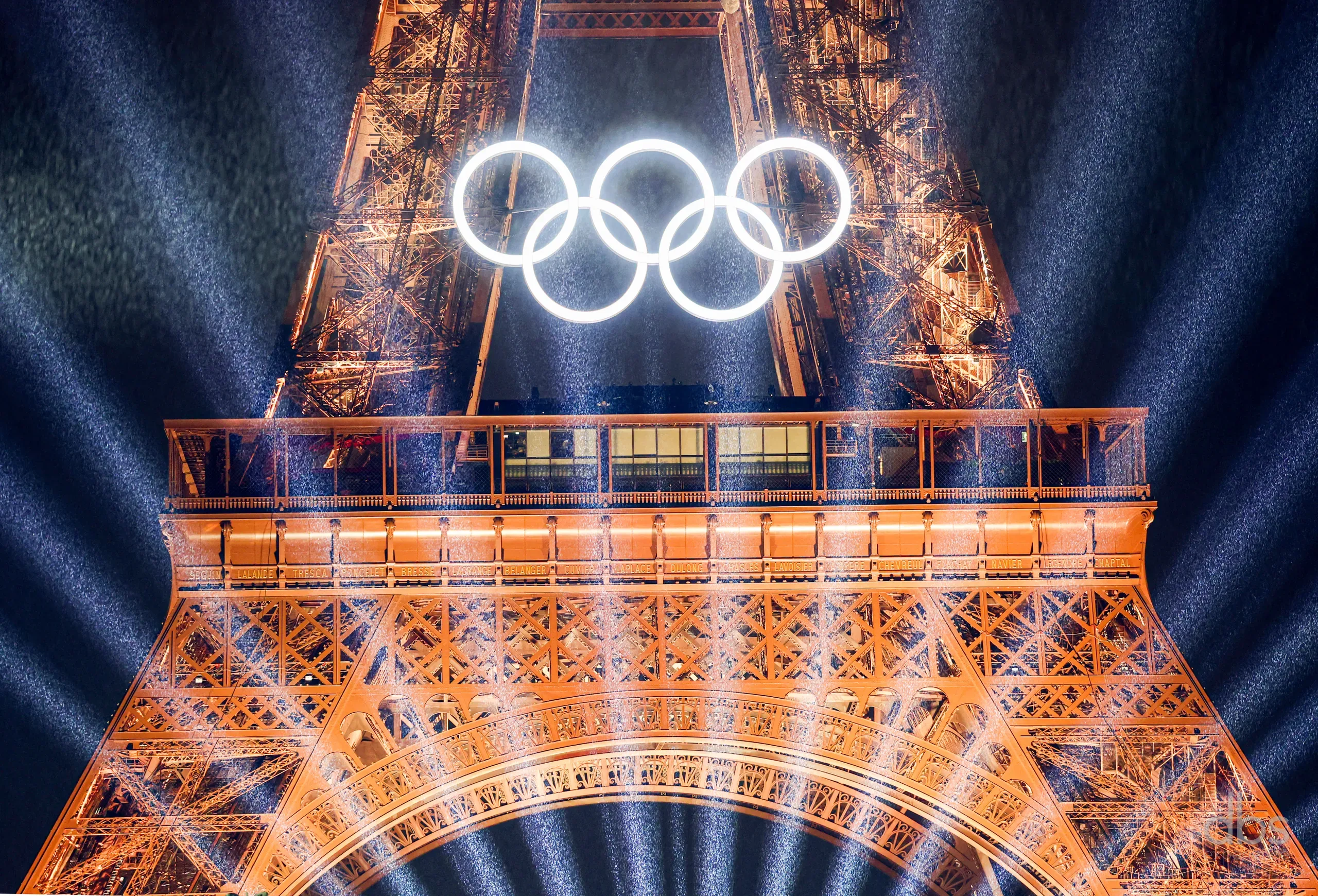 The Eiffel Tower lit with the Olympic rings during Paris 2024