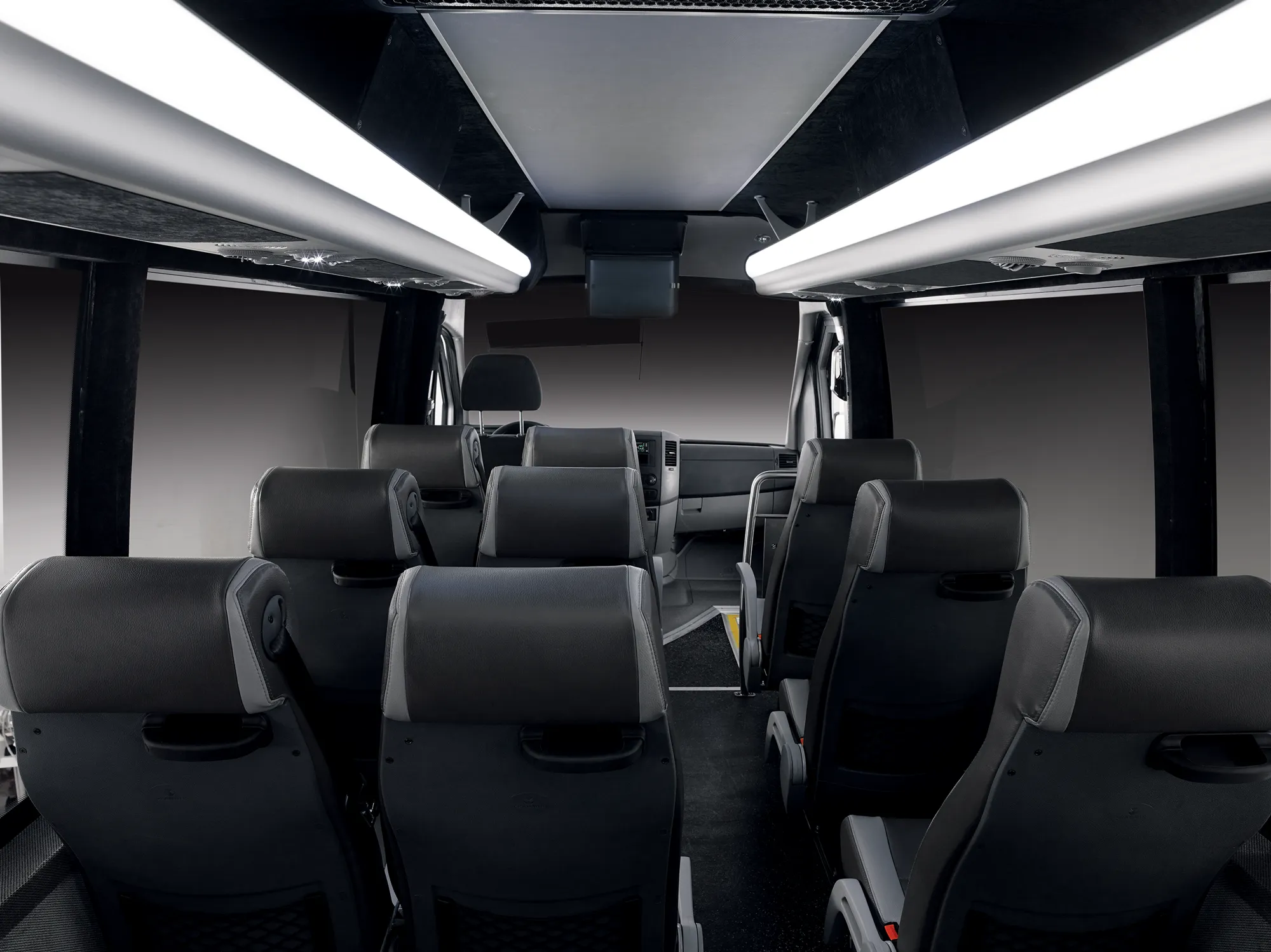 The cabin of a Sprinter, seen from the rear