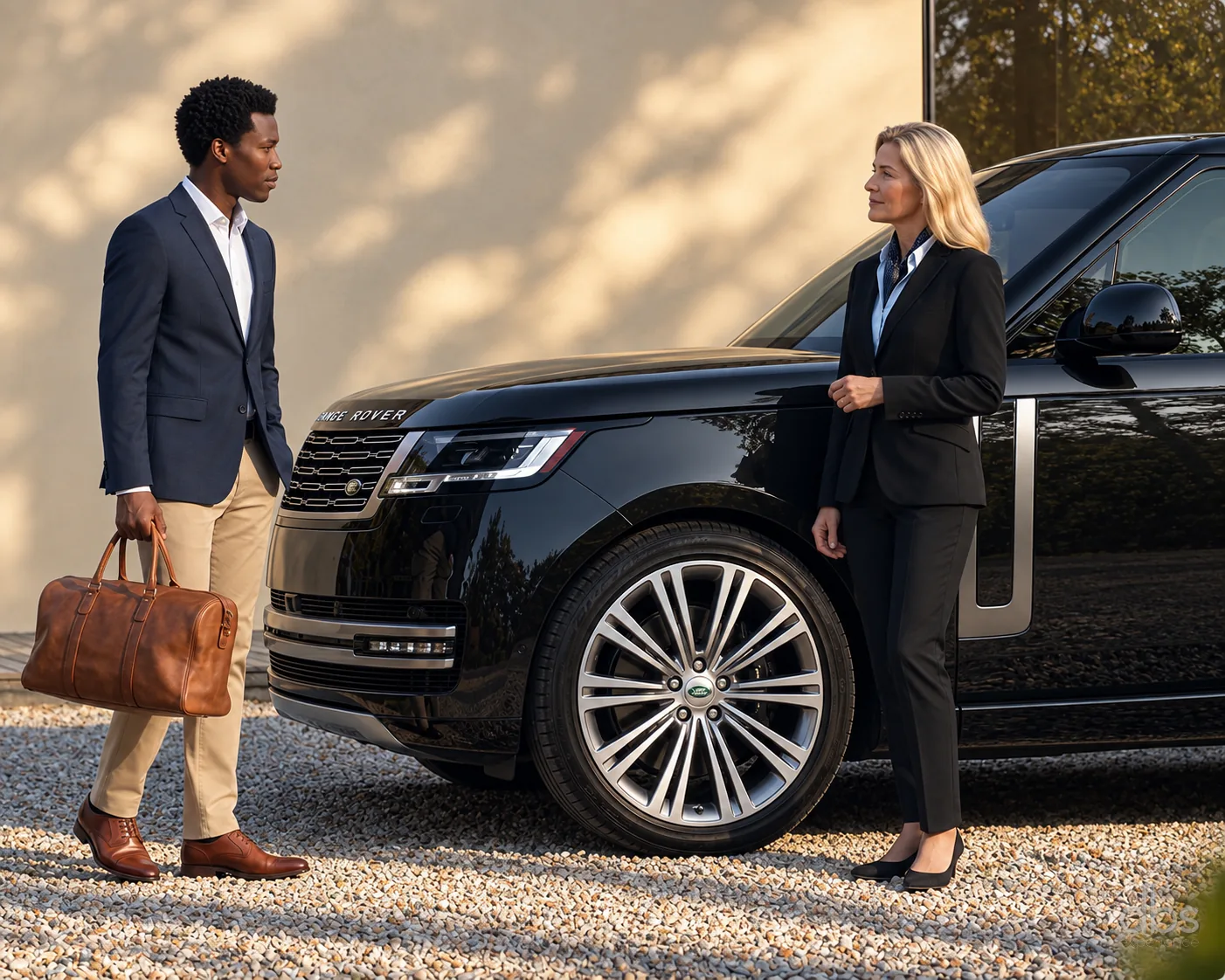 Un chauffeur DBS EXPERIENCE accueillant un client près d'un Range Rover noir à Paris