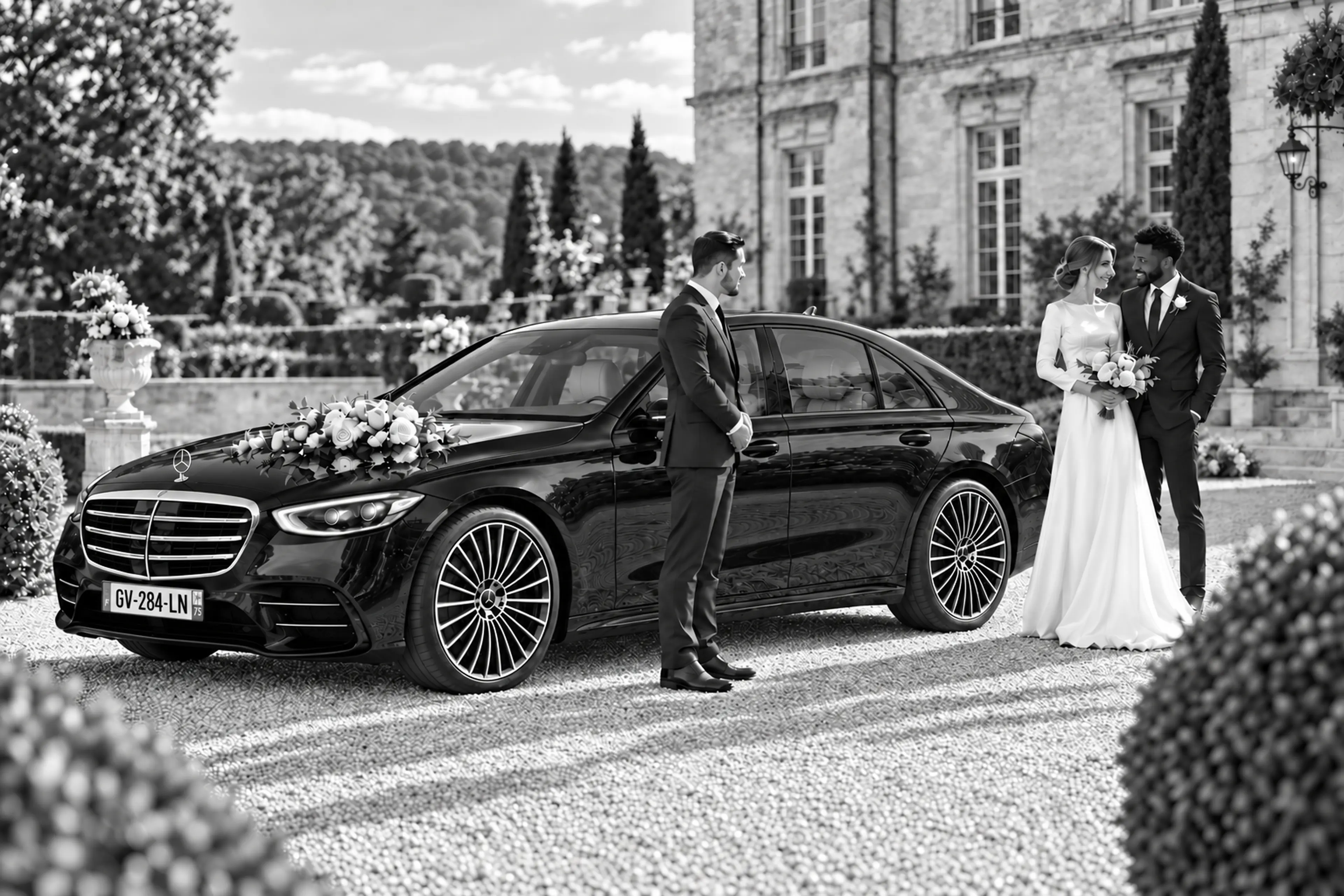 Black Mercedes-Benz S-Class parked on a cobbled street outside a stone building, black and white