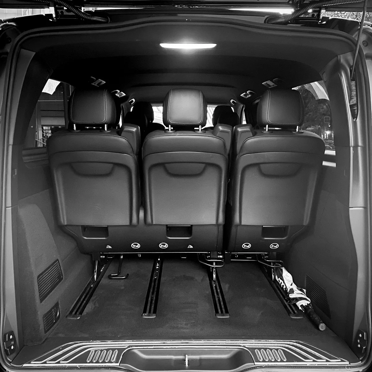 The boot of a Mercedes V-Class XL with the rear bench in place, chauffeur service in Paris, DBS EXPERIENCE