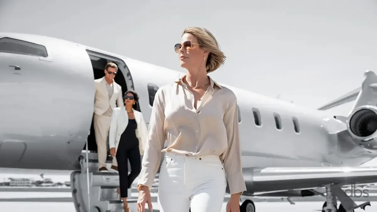 Private jet passengers stepping down the aircraft stairs on arrival in Paris
