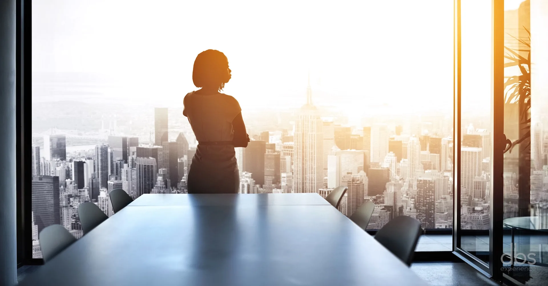 A business traveller looking out over the city from a meeting room