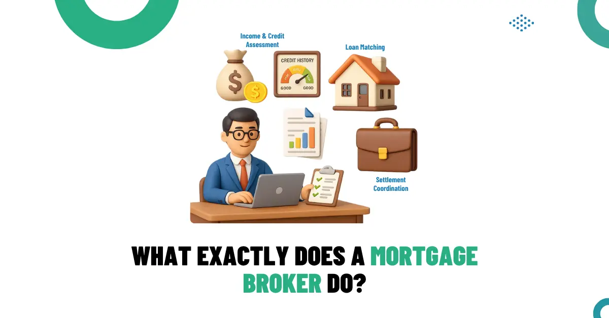 Illustration of a mortgage broker managing income assessment, loan matching, and settlement coordination