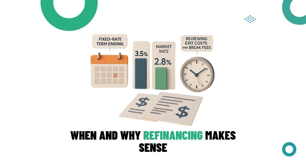Visual calendar and loan charts highlighting fixed-rate term ending, market rate comparison, and break fee review.