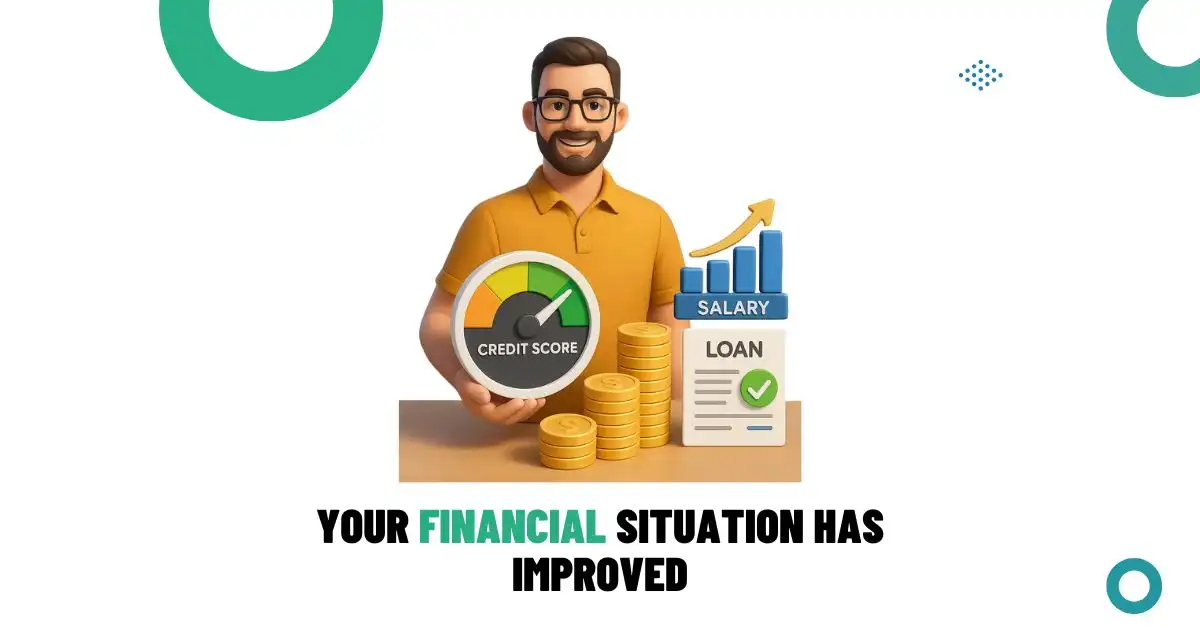 Illustration of a borrower with improved credit score, rising income chart, and loan approval indicators.