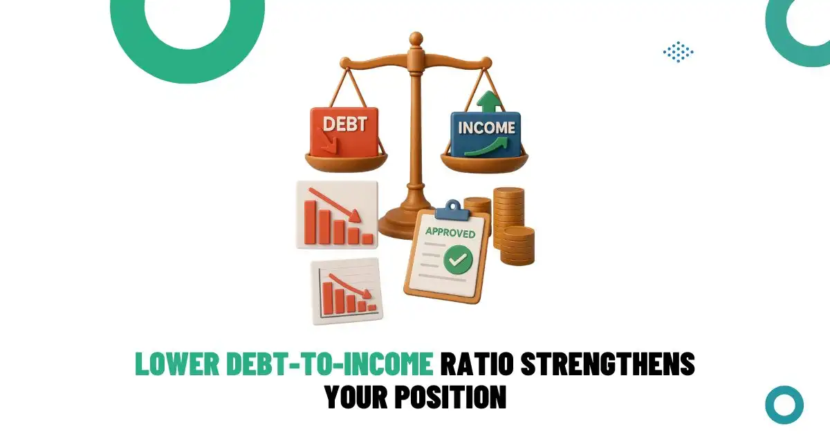 Illustration showing debt-to-income ratio improvement with balanced scales, charts, and loan approval icons.