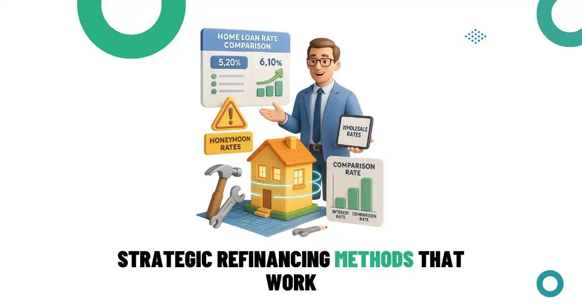 Home loan comparison illustration showing interest rate charts, honeymoon rate warning, and wholesale rate insights.