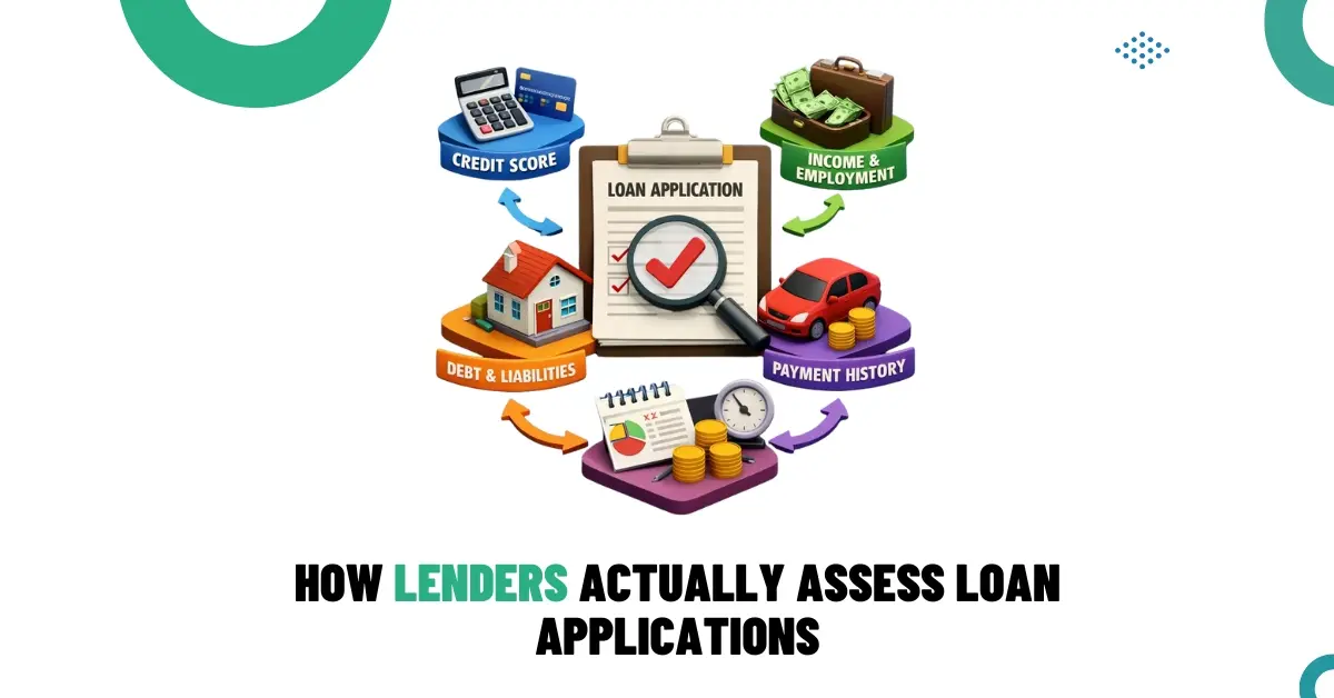 Visual showing how lenders assess loan applications based on credit score, income, debts, payment history, and financial profile.