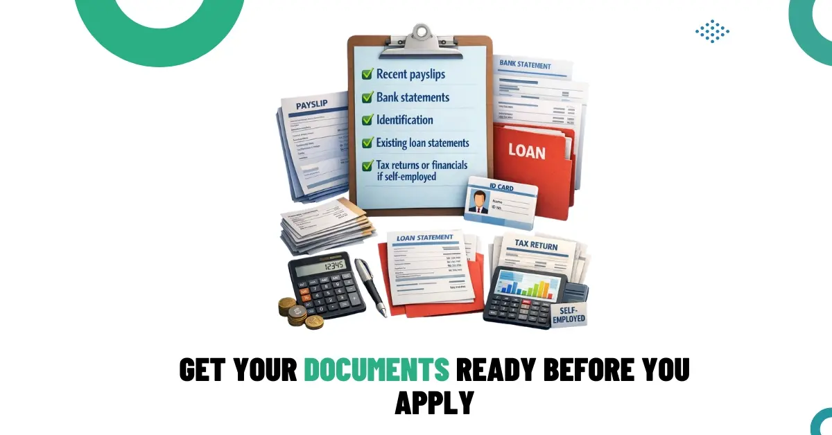 Checklist of documents needed for a home loan application, including payslips, bank statements, ID, and loan records.