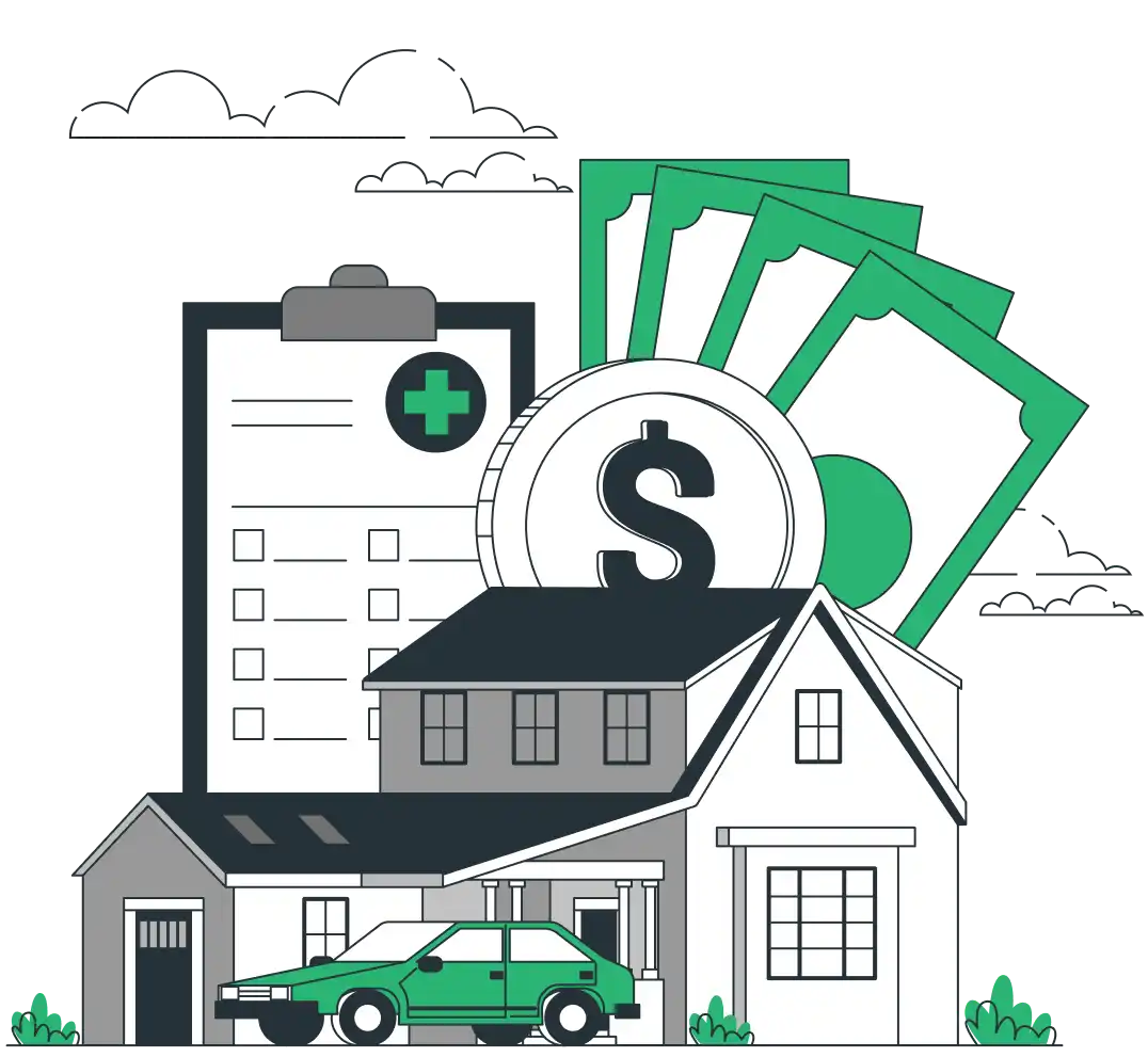 Home, car, and loan papers showing full financial solution service