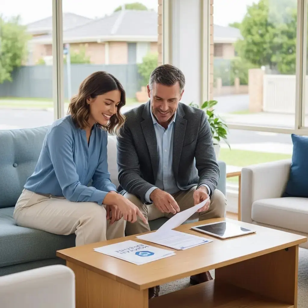 Female mortgage broker supporting a young woman first-home buyer in Wantirna, discussing home loan options in a bright, modern living room - Digital Finance Solutions.