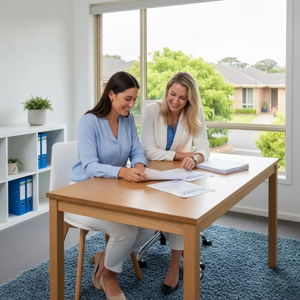 Female mortgage broker supporting a woman first-home buyer in Heathmont, discussing low-deposit loan options in a bright and friendly home office — Digital Finance Solutions.