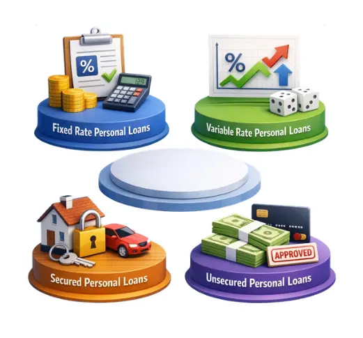 Illustration comparing fixed rate, variable rate, secured and unsecured personal loans with icons showing interest rates, assets, flexibility and approval.