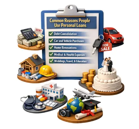 Illustration showing common reasons people use personal loans including debt consolidation, car purchase, home renovation, medical expenses, weddings, travel and education.