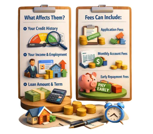 Illustration explaining personal loan interest rates and fees including credit history, income, loan term, application fees and early repayment charges.