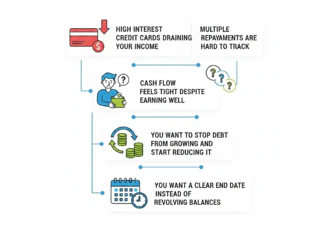 Illustration showing why Melbourne borrowers choose debt consolidation to manage credit cards, reduce repayments and improve cash flow.