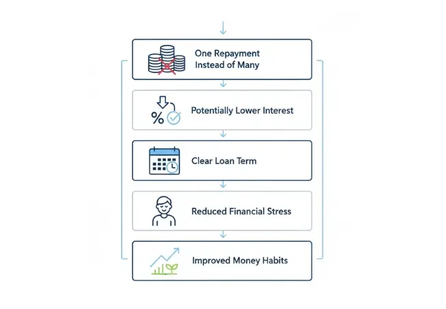 Infographic showing benefits of debt consolidation including one repayment, lower interest rates and clear loan term.