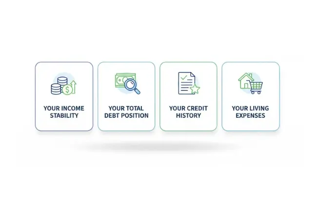 Illustration showing factors for deciding debt consolidation including income stability, total debt, credit history and living expenses.
