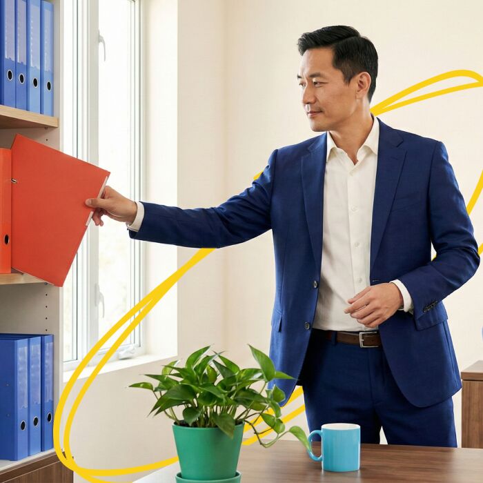 Man in a blue suit taking a red folder from a shelf in a well-lit office with a green potted plant and a blue mug on the desk.