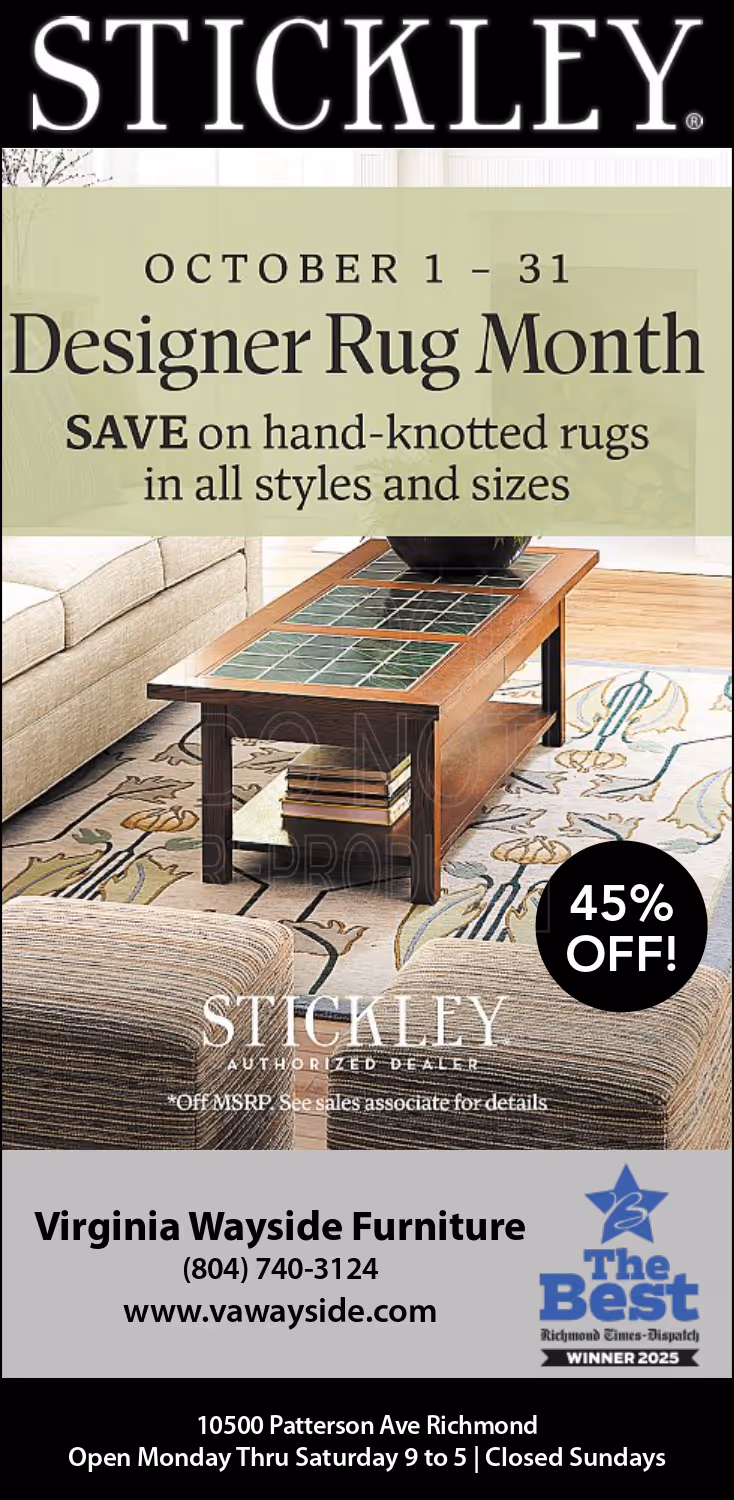 VA Wayside Stickley promotion for October 2025 - 45% off hand-knotted rugs