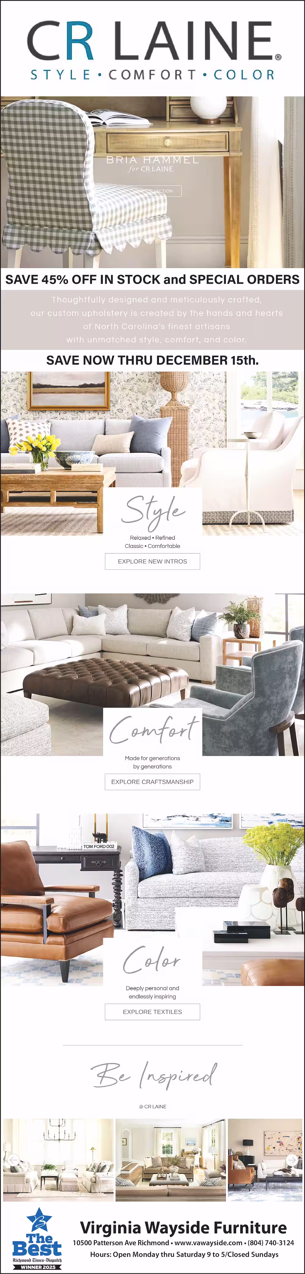 Virginia Wayside Furniture promo - CR Laine - Save 45% off in-stock and special orders through Dec 15