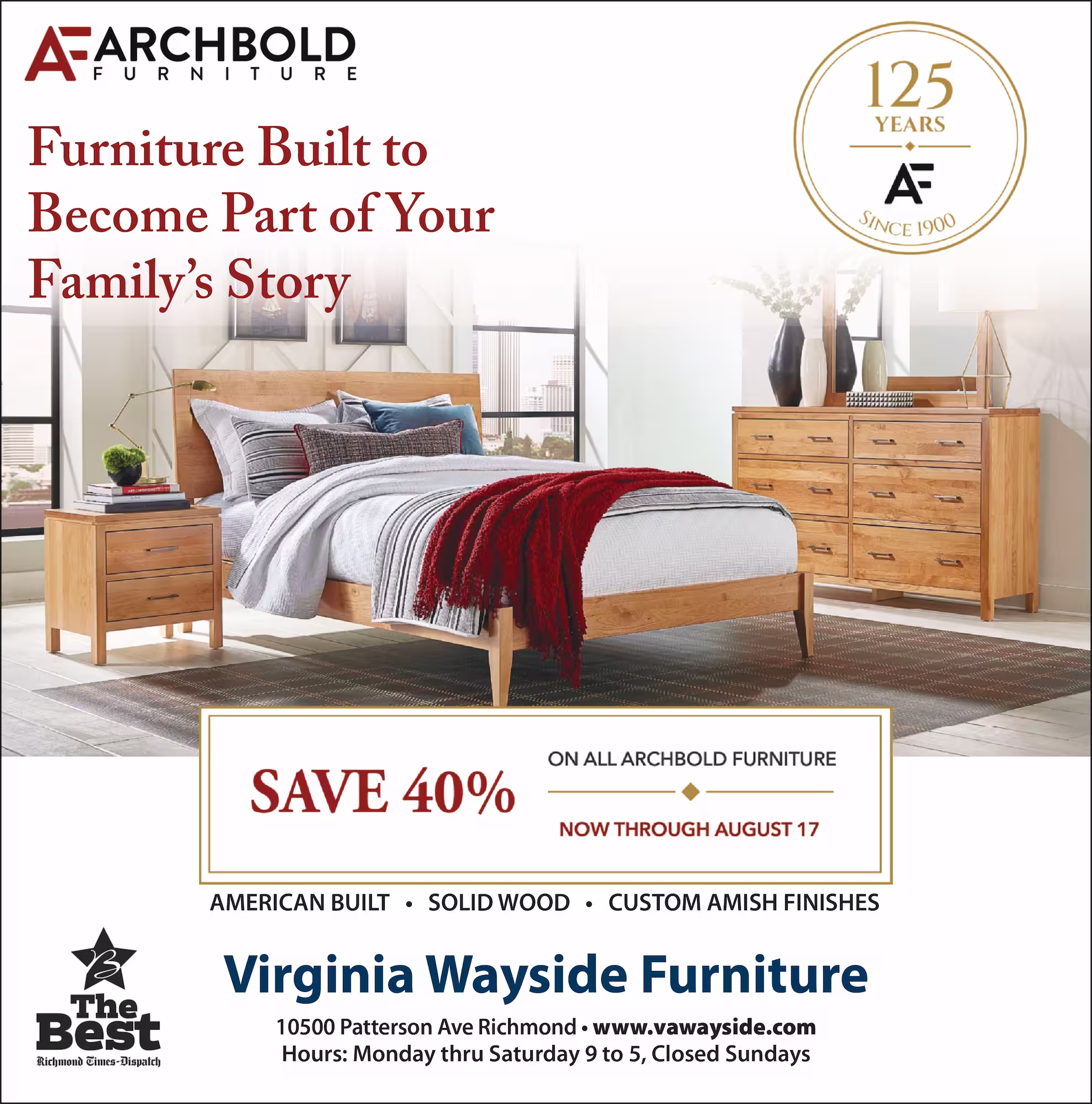 Virginia Wayside Furniture - Save 40% on Archbold Furniture through August 17, 2026