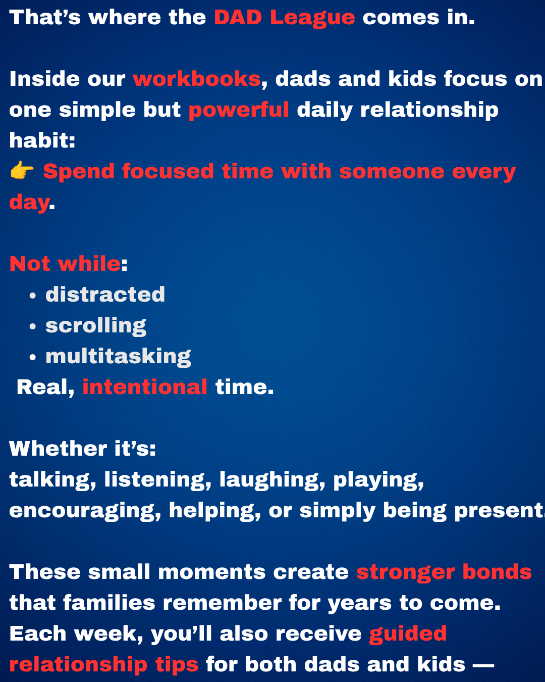 Text explaining a daily habit to spend focused, intentional time with someone creating stronger family bonds.