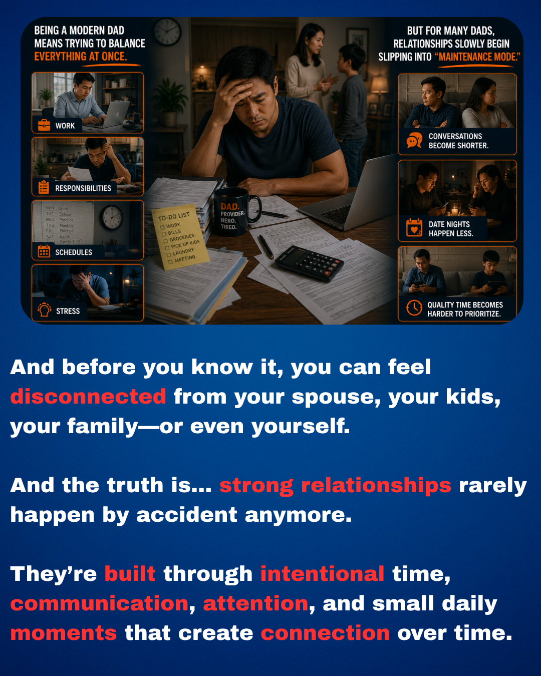 Man overwhelmed by work, bills, and family tasks, showing stress and disconnection in relationships.