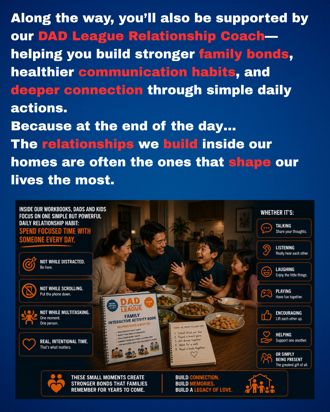 Family of four smiling and talking at dinner table with DAD League activity book on building strong bonds.
