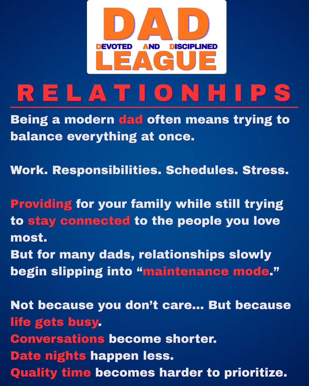 Dad League logo above text about modern dads balancing work, family, and relationships under stress.