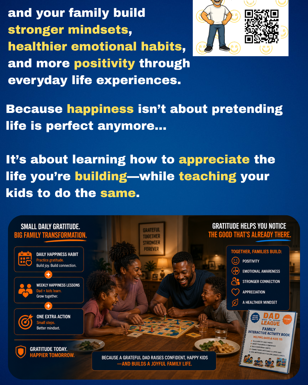 Family of four joyfully playing a board game, promoting gratitude and building positive family habits.