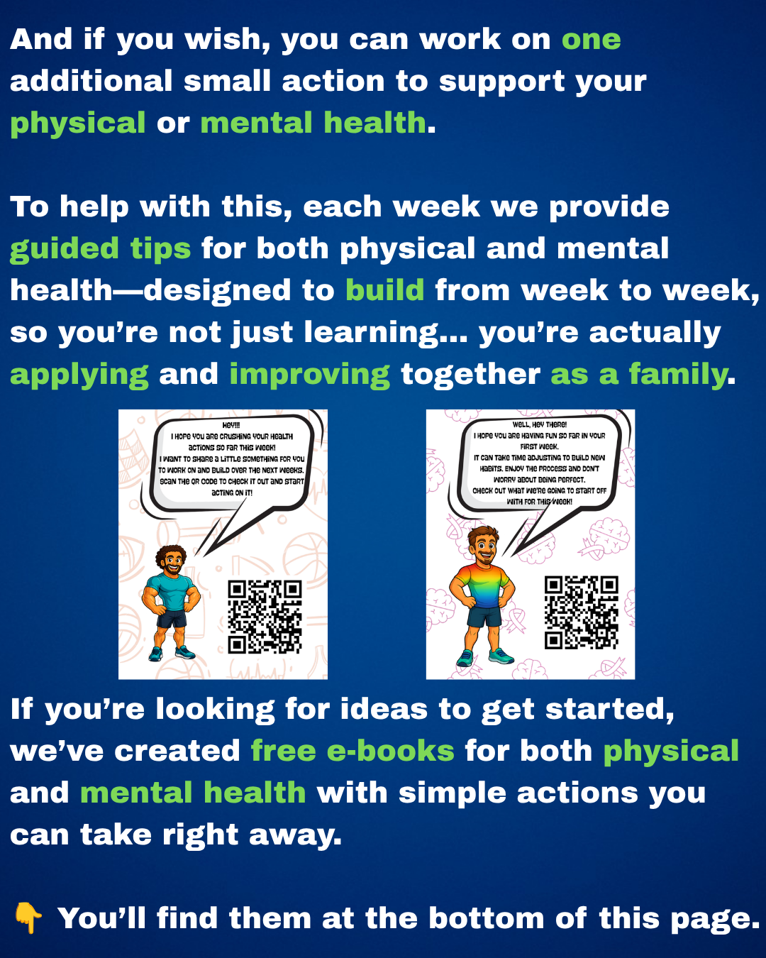 Text on blue background about weekly guided tips and free e-books for physical and mental health support.