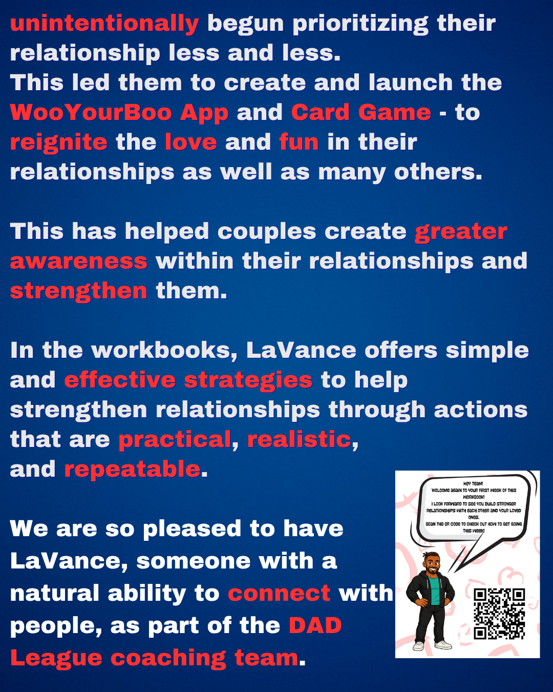 Text urging use of Dad League Workbooks to engage, evolve, feel empowered, and connected as a dad.
