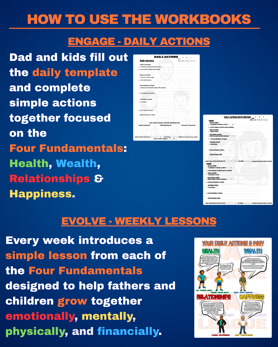 Text about men facing lower testosterone, stress, and fatigue while wanting to stay active with kids and join DAD League.