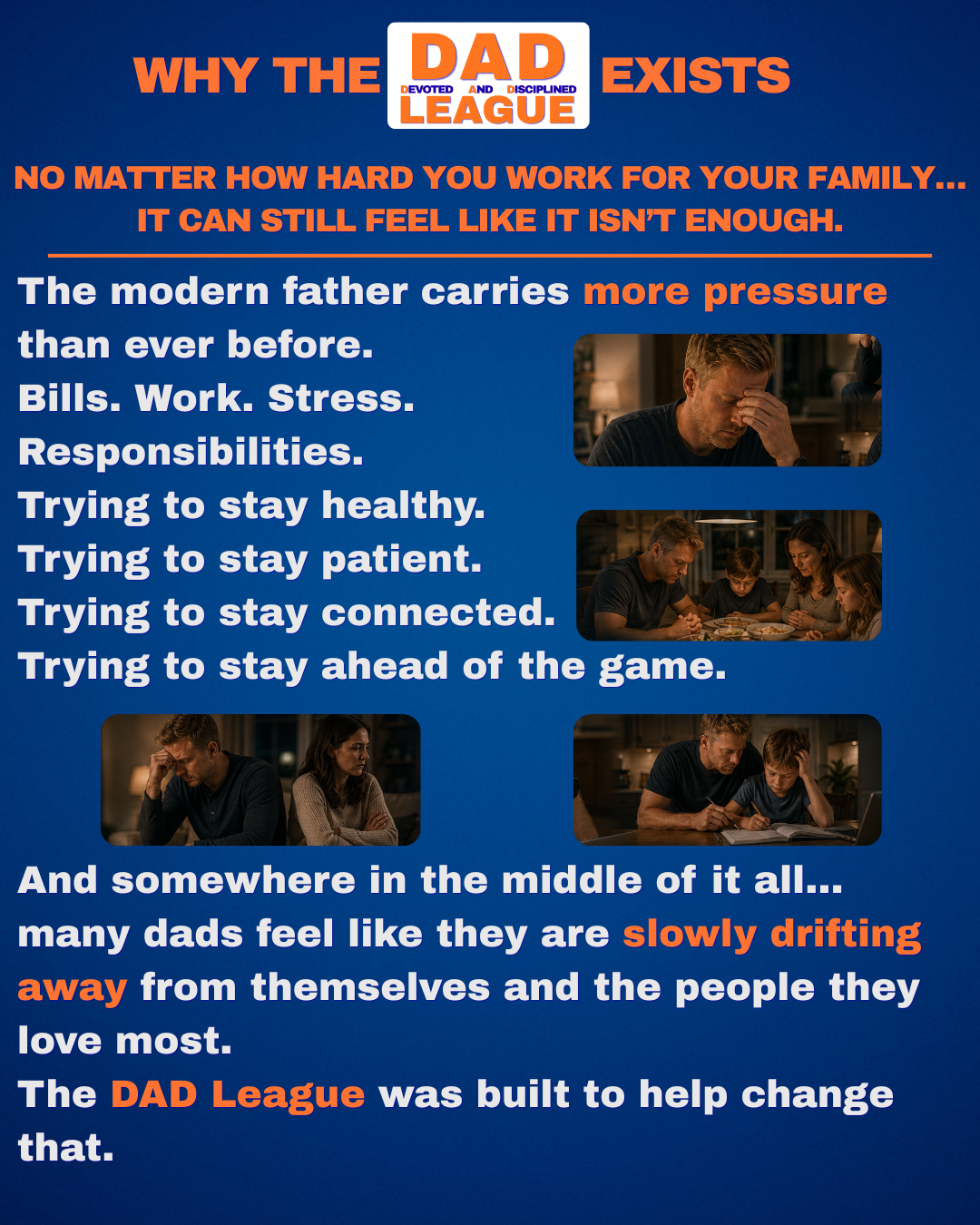 Text on pressure faced by modern dads with images of a stressed father and dad connecting with family.