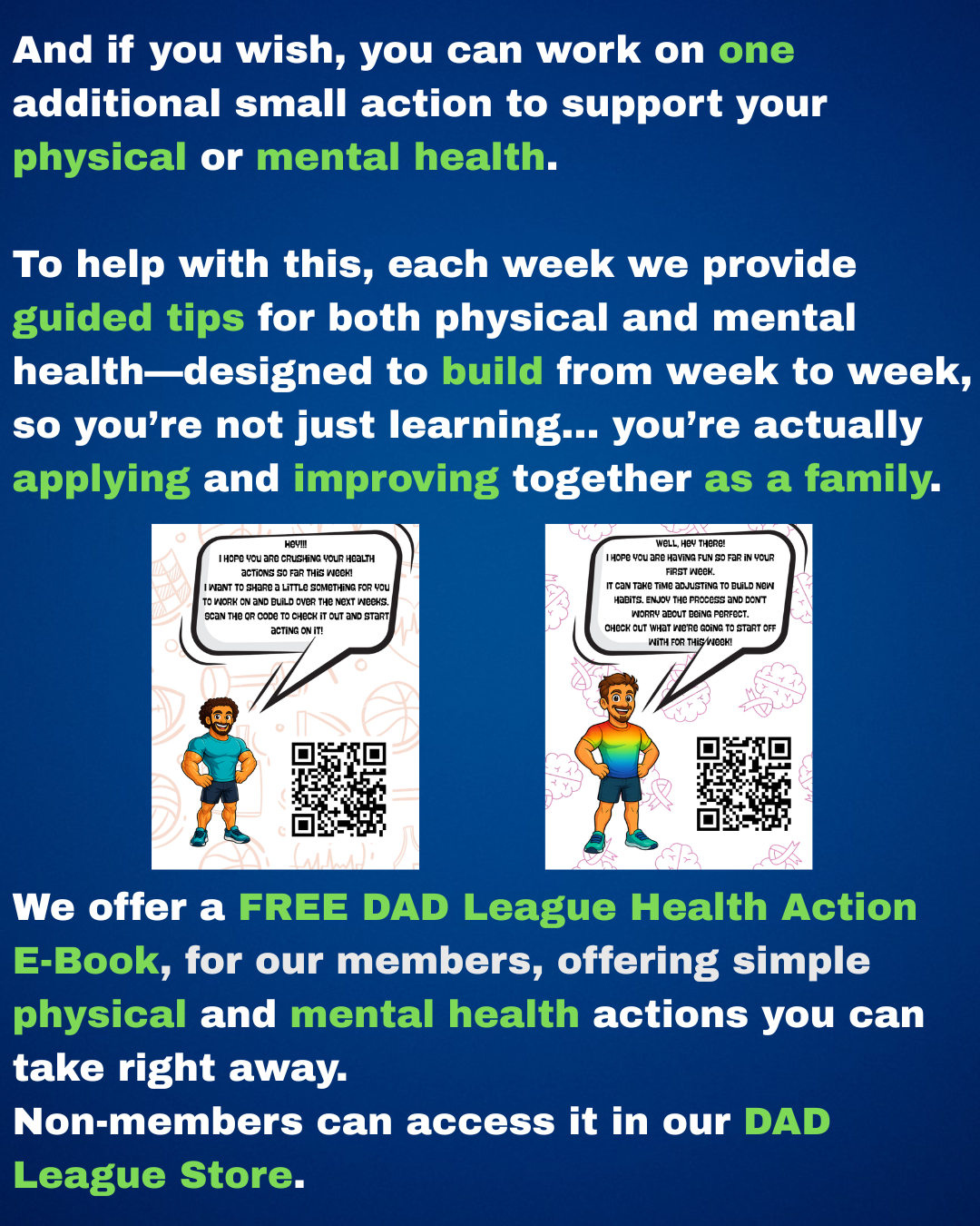 Text on blue background about weekly guided tips and free e-books for physical and mental health support.