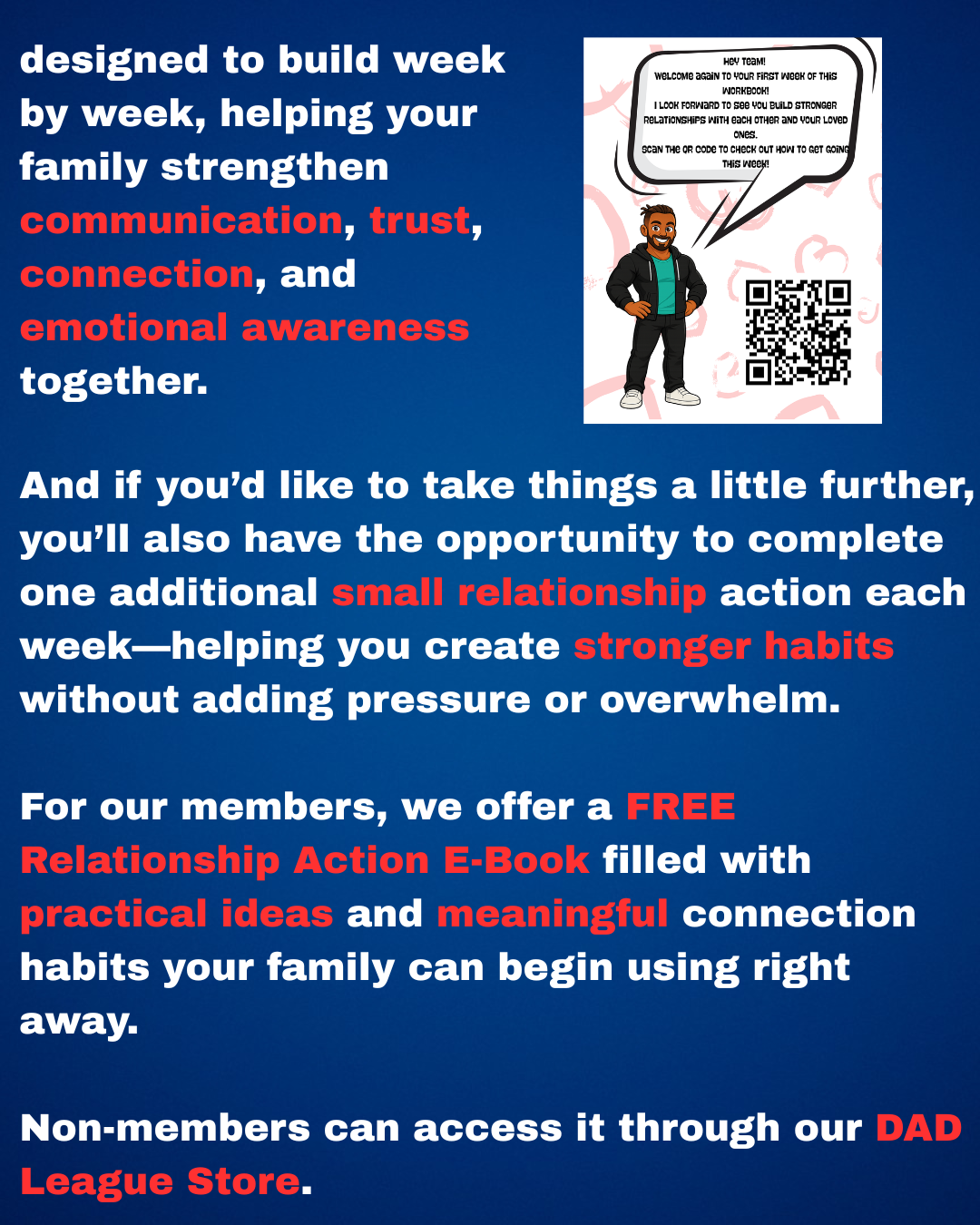 Text about building family communication, trust, and habits, with a cartoon man and QR code on a white square.