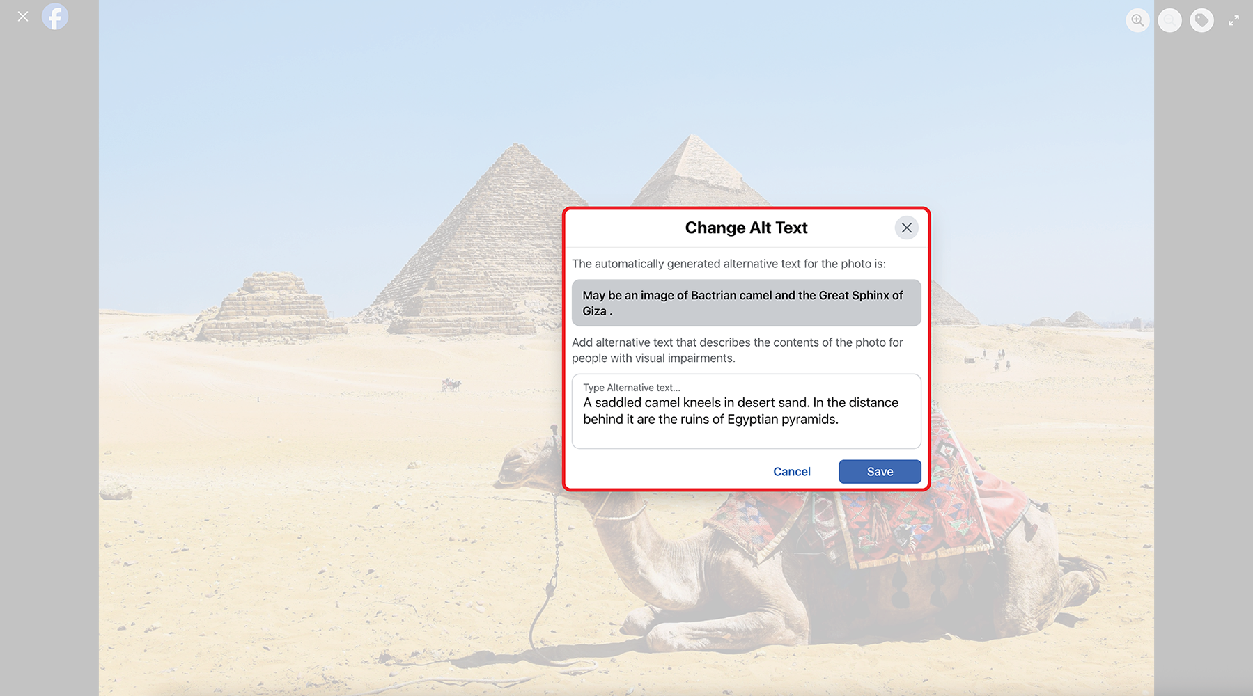 Screenshot of the Change Alt Text window on desktop Facebook. It's outlined in red. Custom alt text has been written in the designated field. 