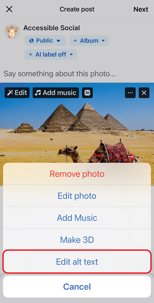 Screenshot of the Create Post window on mobile Facebook. An image of a camel has been uploaded. The three dots menu is open at the bottom of the screen and the Edit Alt Text option is outlined in red. 
