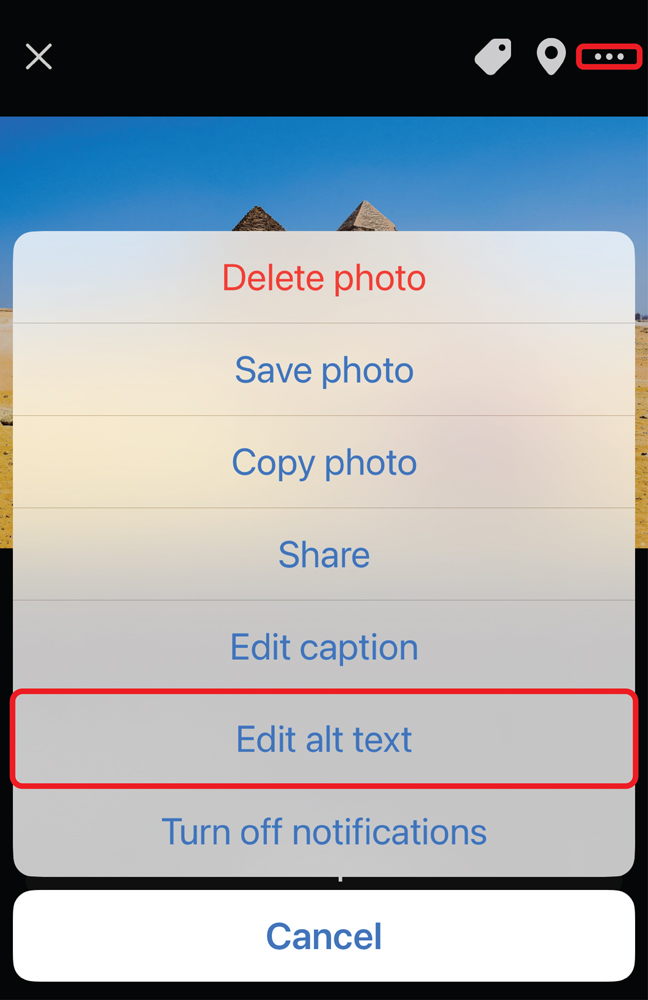Screenshot of the Photo detail window on mobile Facebook. An image of a camel has been selected. The three dots menu is outlined in red and open. The Edit Alt Text option of the open menu is outlined in red. 