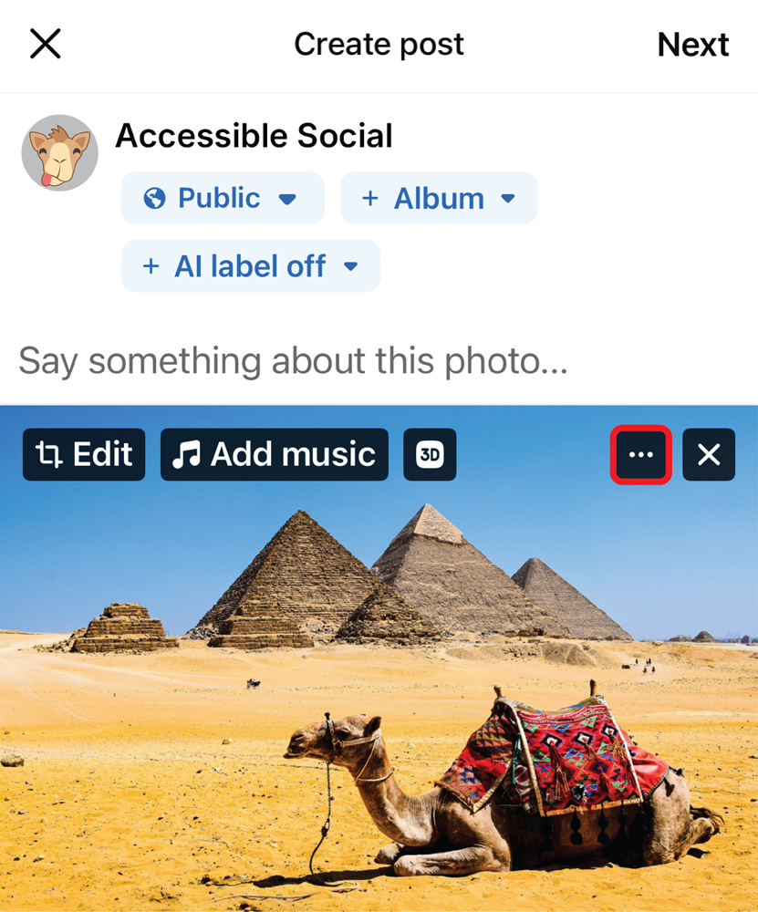 Screenshot of the Create Post window on mobile Facebook. An image of a camel has been uploaded. The three dots button in the upper right corner of the image is outlined in red. 