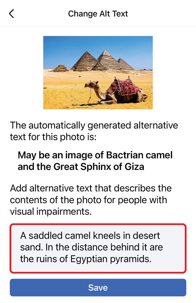 Screenshot of the Change Alt Text window on mobile Facebook. An image of a camel has been uploaded. The alt text field is outlined in red and an image description has been written inside. 