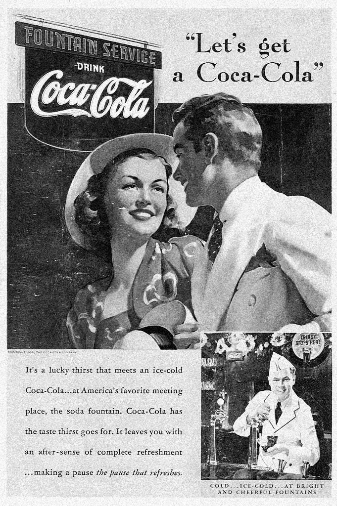 Vintage Coca-Cola advertisement featuring a smiling woman and man at a soda fountain, with a server in a white uniform. Large Coca-Cola sign and slogan, “Let’s get a Coca-Cola,” appear at the top.