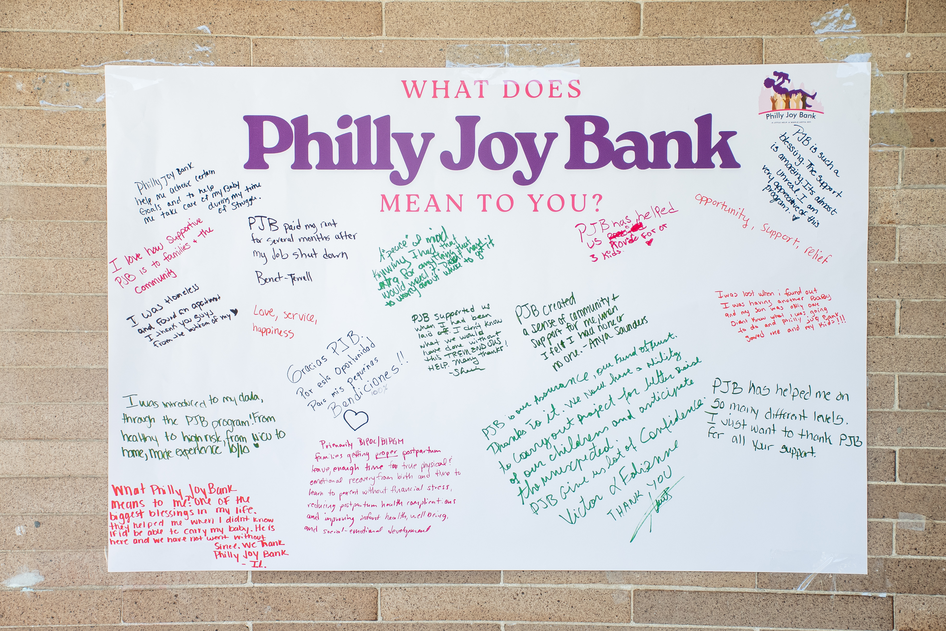 A photo of a poster that says "What does Philly Joy Bank mean to you," with lots of different answers written in marker.
