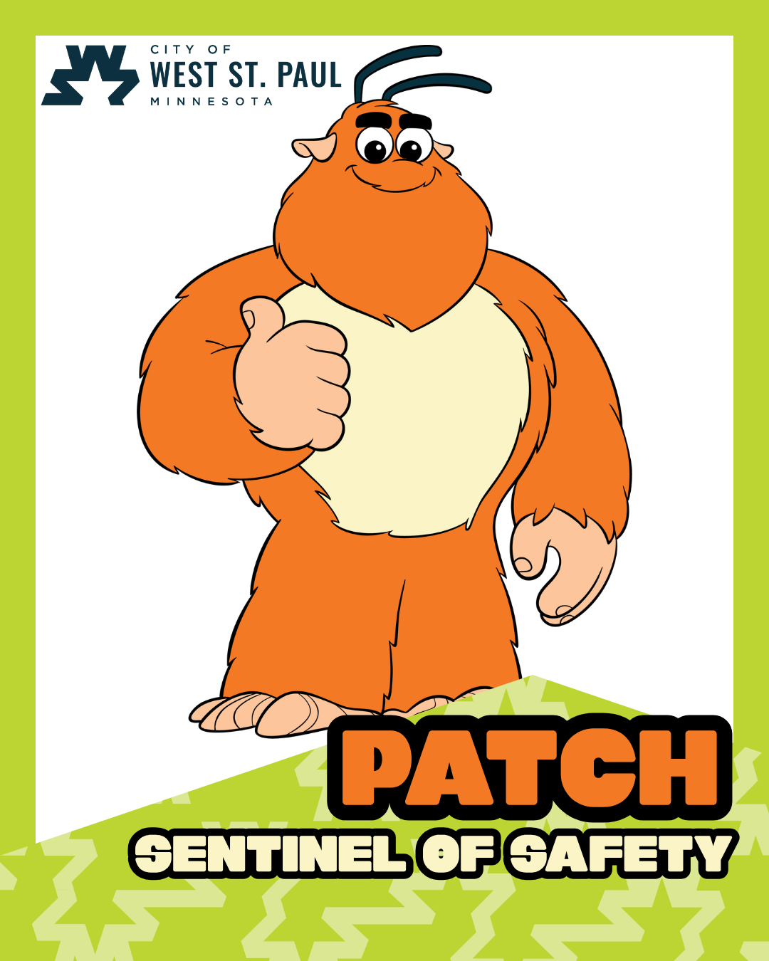 Image of character with text that reads 'Patch - sentinel of safety'