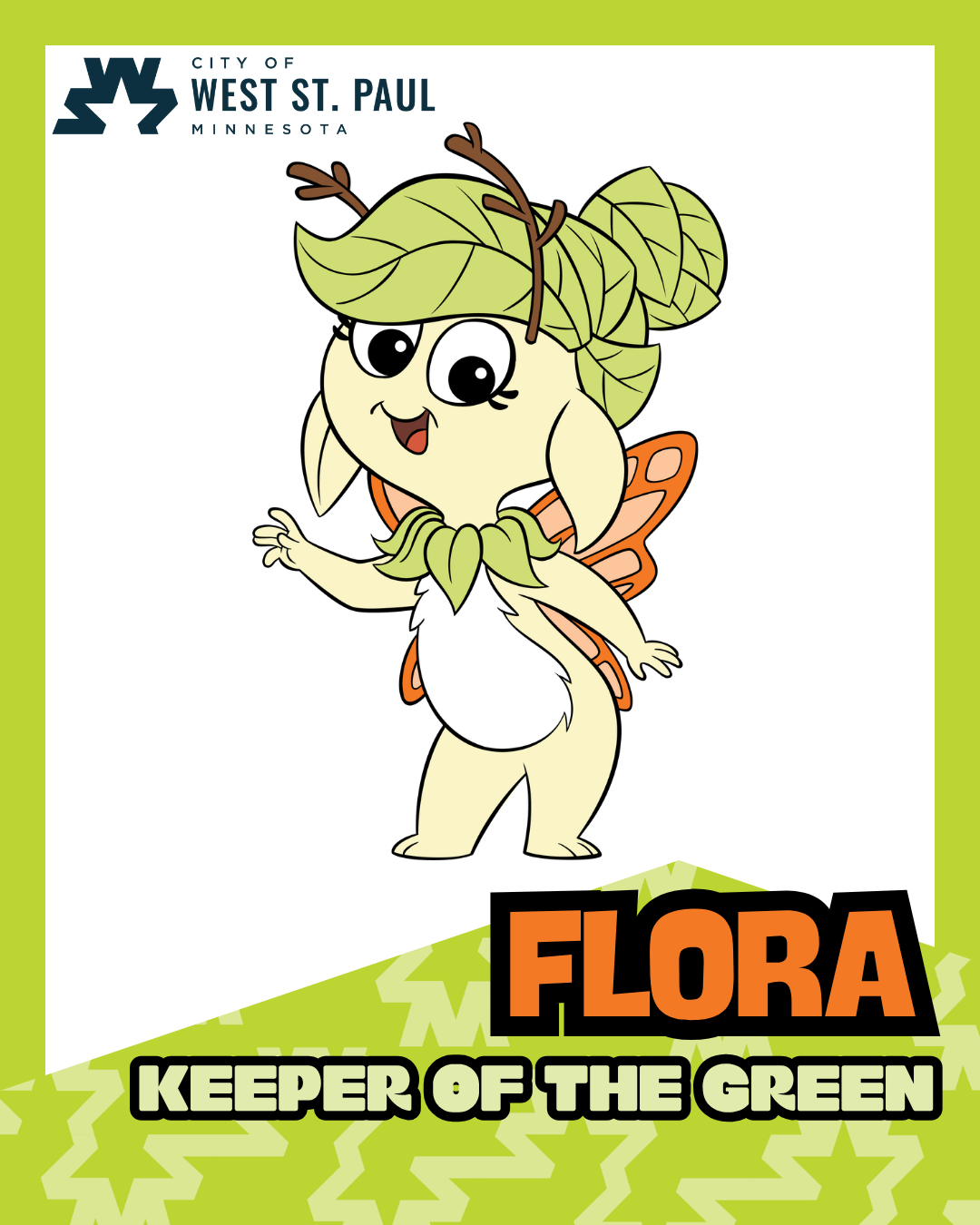 Image of character with text that reads 'Flora - Keeper of the Green'