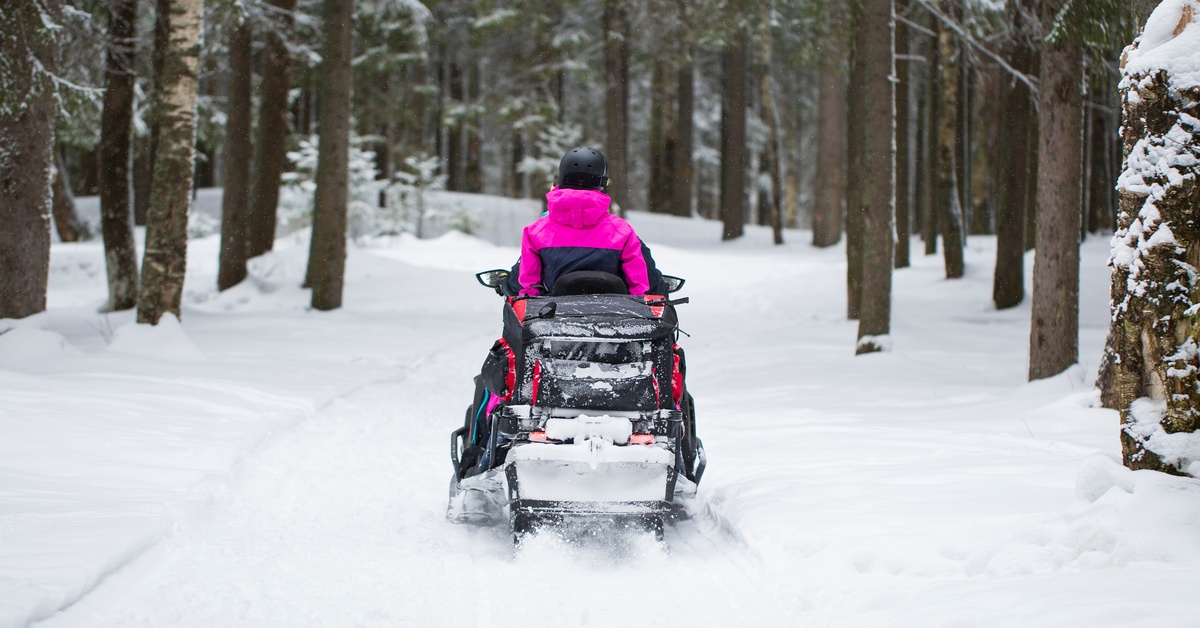 The backside of a person in a pink and black jacket sitting on a red snowmobile in a forested area covered in snow.